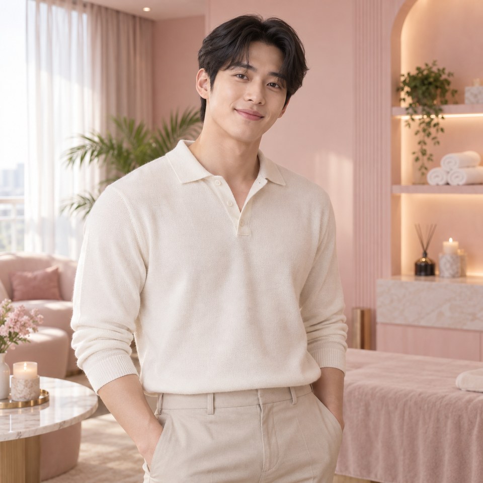 서울 아로마 관리 여성전용마사지 안내 이미지 - 아이보리 니트 차림의 성인 한국인 남자 모델이 연분홍 웰니스 공간에 서 있는 모습