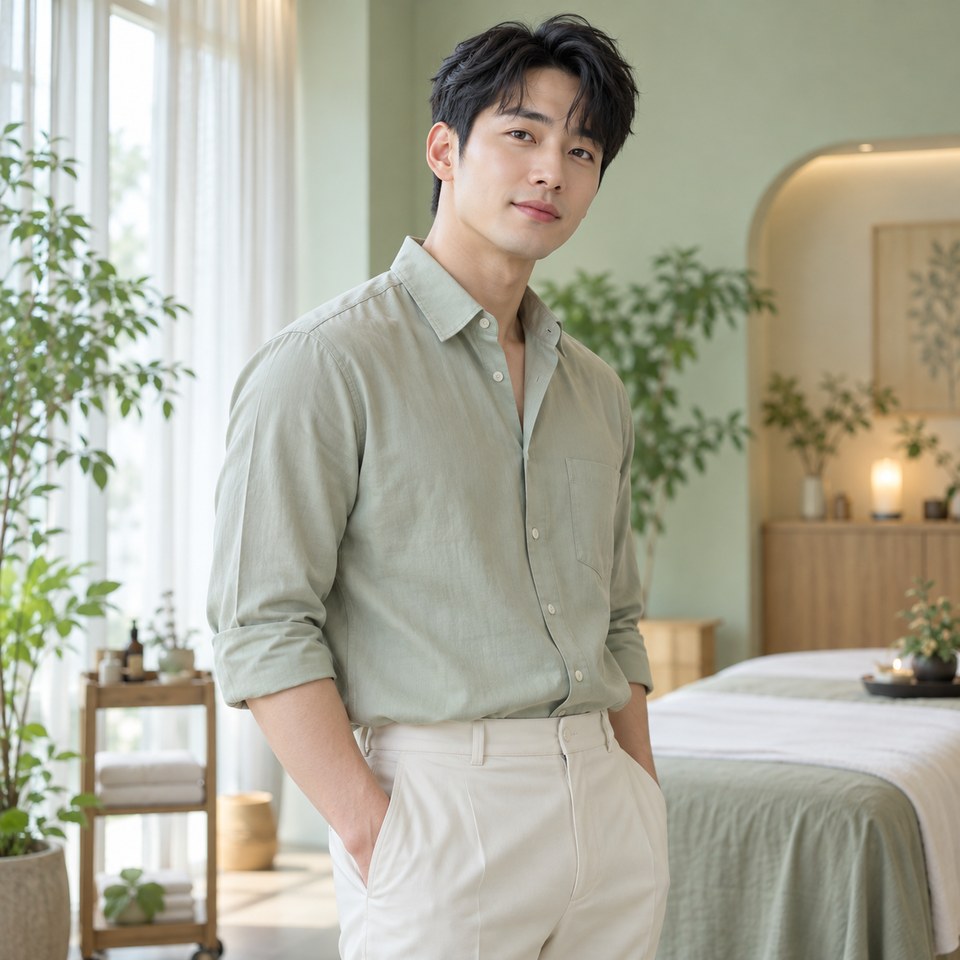 서울 스웨디시 관리 여성전용마사지 안내 이미지 - 세이지 셔츠 차림의 성인 한국인 남자 모델이 연그린 휴식 공간에 서 있는 모습
