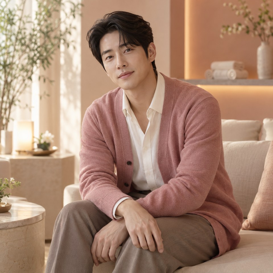 서울 감성 마사지 여성전용마사지 안내 이미지 - 로즈 가디건 차림의 성인 한국인 남자 모델이 피치색 공간에 앉아 있는 모습
